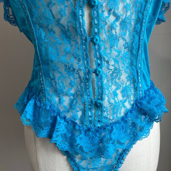 70s Lace Blue Ruffle Bodysuit Teddy Size Medium - Picture 11 of 11